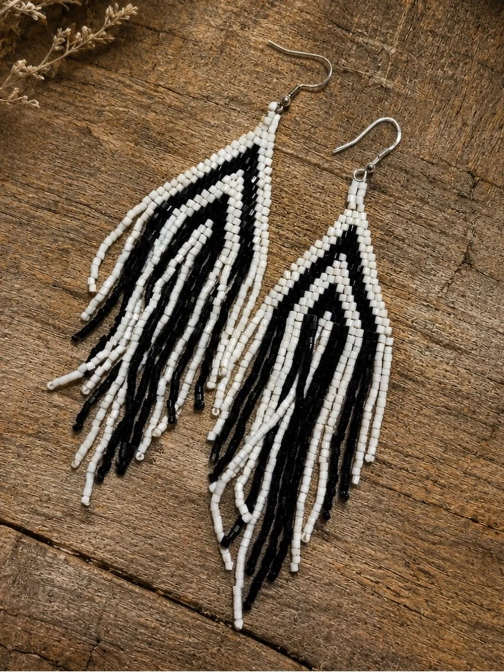 Handmade Black & White Seed Bead Fringe Earrings